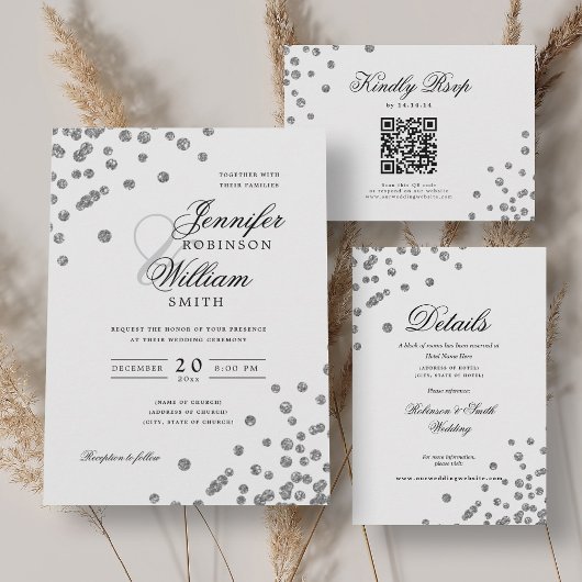 Mariage de script élégant QR RSVP Silver Confetti