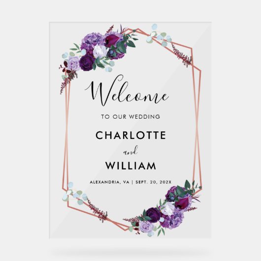 Mariage de script floral violet Bienvenue (Recto)