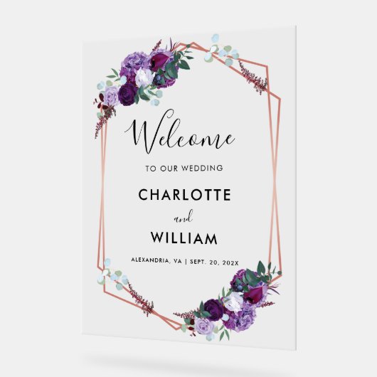 Mariage de script floral violet Bienvenue (Angle)