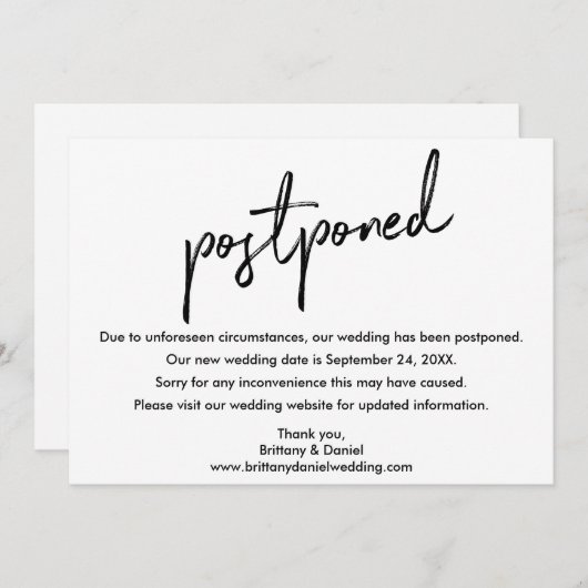 Mariage de script manuscrit reporté nouvelle carte (Devant / Derrière)