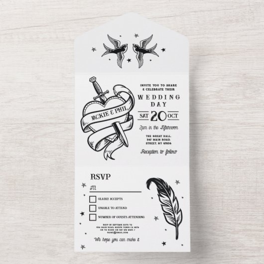 Mariage de tatouage Invitation & RSVP Oiseaux card (À l'intérieur)