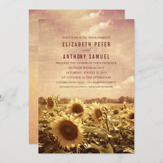 Mariage de tournesol Automne Rustique Invitations  (Devant / Derrière)