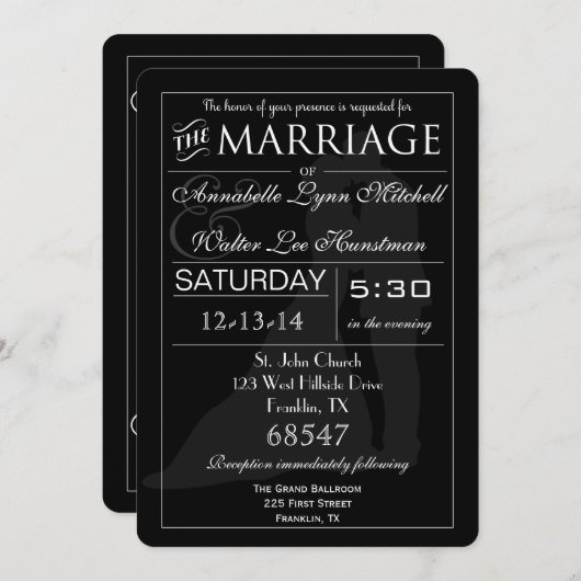Mariage de typographie Invitation noire et blanche (Devant / Derrière)