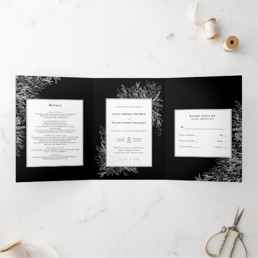 Mariage de verdure noir blanc triple invitation (Intérieur)