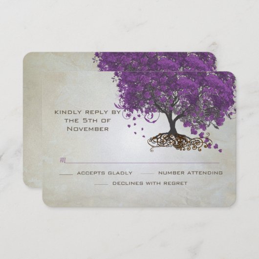 Mariage des feuilles de coeur violet RSVP (Devant / Derrière)