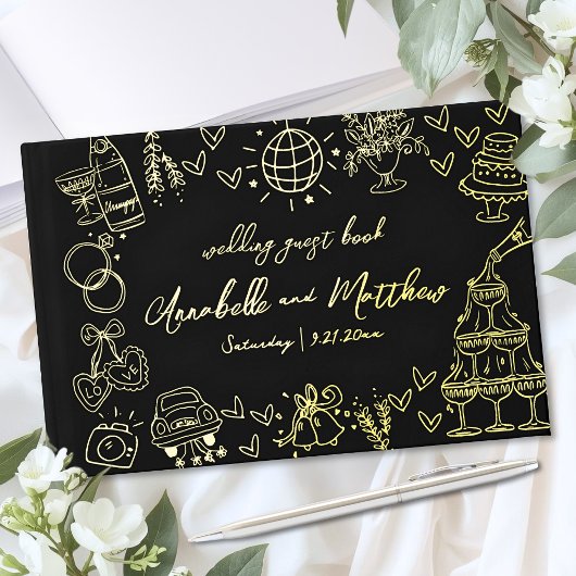 Mariage Dessiné à la Main Noir Or