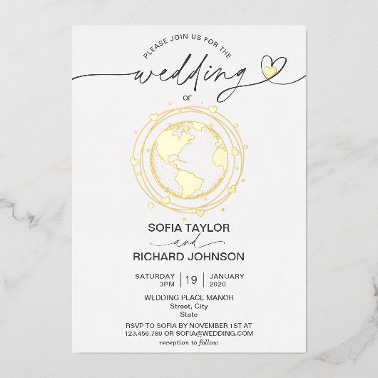 Mariage Destination Monde Carte Typographie Or (Recto)