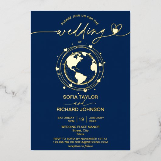 Mariage Destination Monde Carte Typographie Or Mar (Recto)