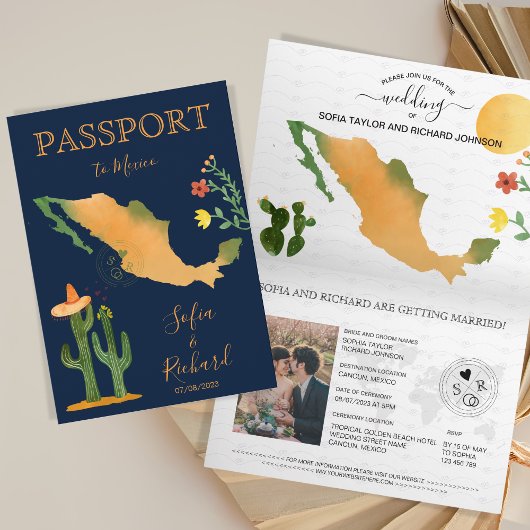 Mariage Destination Passport Mexique Carte Aquarel