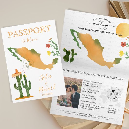Mariage Destination Passport Mexique Carte Aquarel