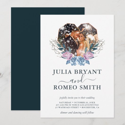 Mariage d'hiver Forme cardiaque Photo Invitation (Devant / Derrière)