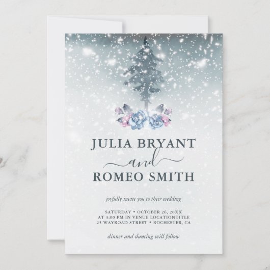 Mariage d'hiver Pine Bleue Invitation (Devant)
