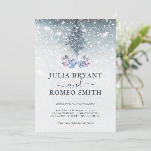 Mariage d'hiver Pine Bleue Invitation (Debout devant)