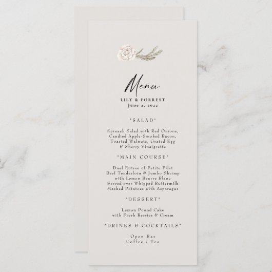 Mariage d'hiver Rose blanche Neutre plat menu (Devant / Derrière)