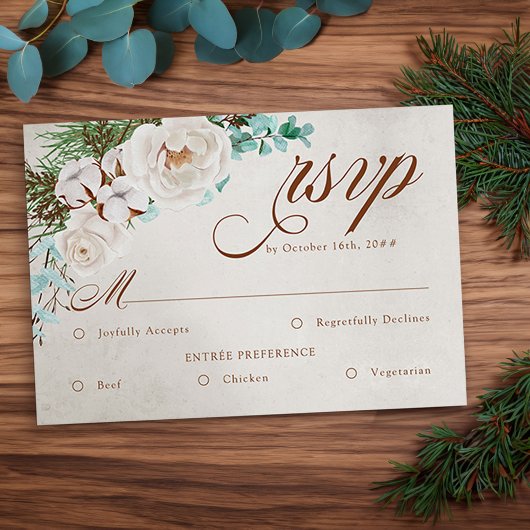 Mariage d'hiver Rose blanche RSVP avec options de
