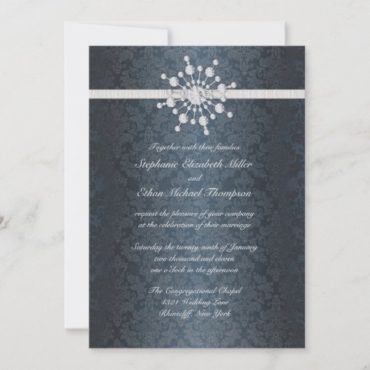 Mariage d'hiver Snowflake Invitation à Damas Bleu (Devant)