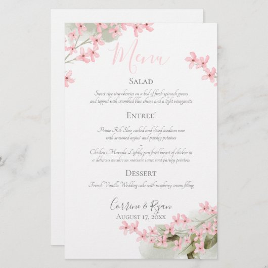Mariage Dîner en fleurs roses Menu (Devant / Derrière)