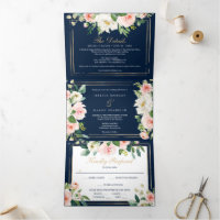 Mariage d'or bleu marine Invitations triplées RSVP