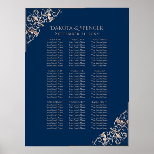 Mariage d'or Rose bleu marine | Tableau des sièges (Devant)