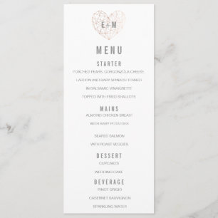 Mariage d'or rose Paraphes du coeur du menu