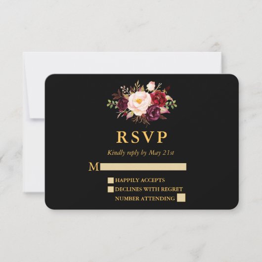Mariage Elégant Bourgogne Floral Black Gold RSVP (Devant)