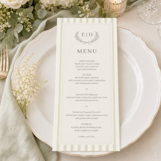 Mariage élégant carte de menu vert sauge monogramm