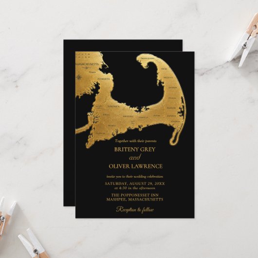 Mariage élégant carte du Cap Cod or noir (Devant/Arrière en situation)