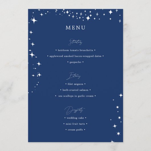 Mariage Élégant Céleste Simple Menu Bleu Nuit (Devant)