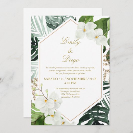 Mariage élégant et verdoyant Invitation en espagno (Devant / Derrière)