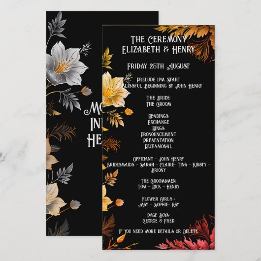 Mariage élégant Invitations florales noir et or (Devant / Derrière)