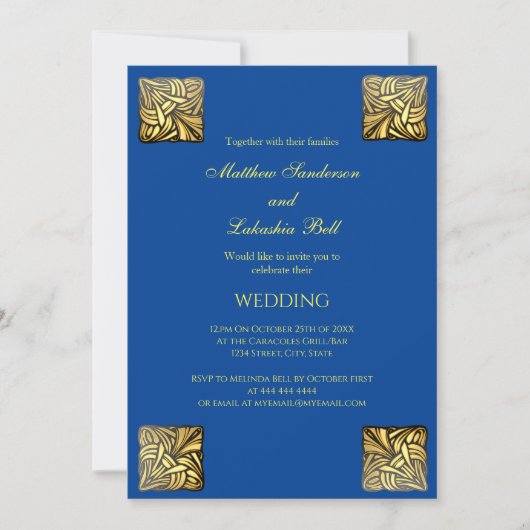 Mariage élégant or bleu Invitation (Devant)