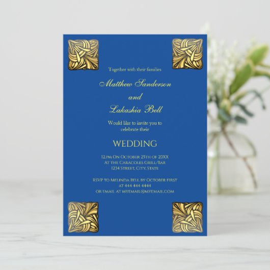 Mariage élégant or bleu Invitation (Debout devant)