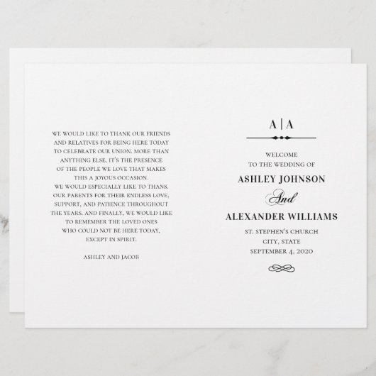 Mariage élégant. Programme noir et blanc plié (Devant / Derrière)