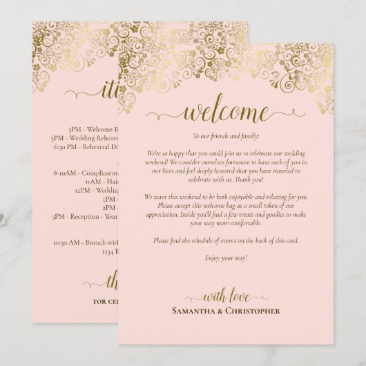 Mariage Élégant Rose & Or : Accueil et Programme (Devant / Derrière)