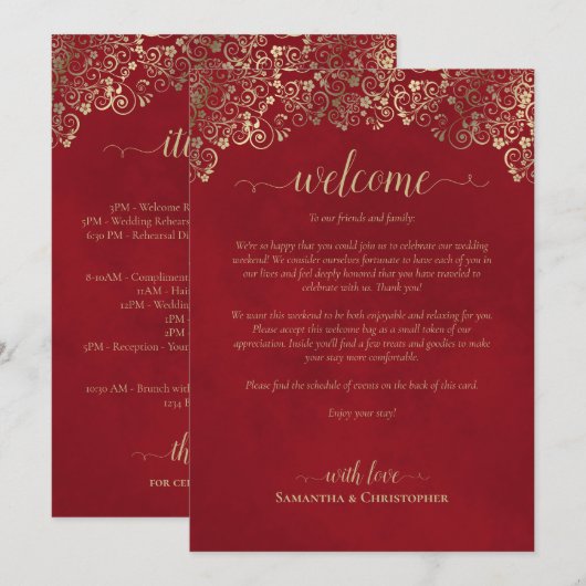 Mariage Élégant Rouge & Or : Accueil & Programme (Devant / Derrière)