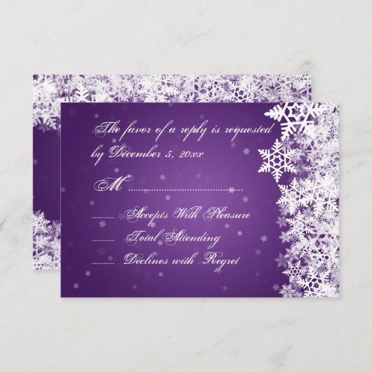 Mariage élégant RSVP hiver Snowflakes violet viole (Devant / Derrière)