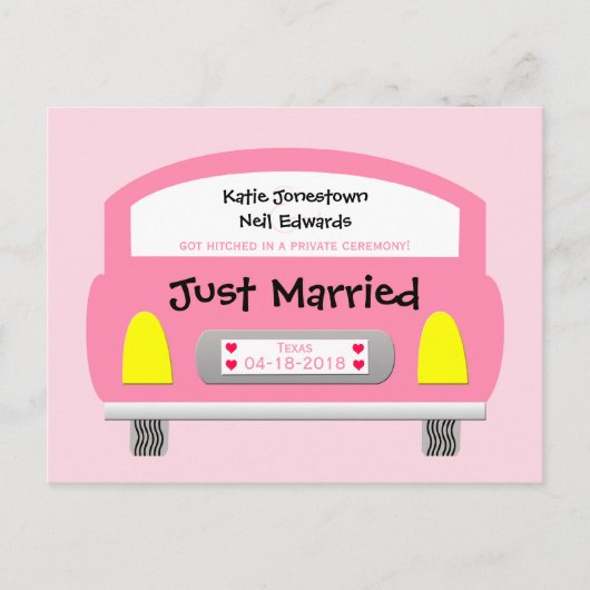 Mariage Elopement Faire-part Postcard Voiture rose (Devant)