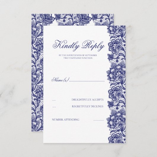 Mariage en dentelle bleu marine RSVP (Devant / Derrière)