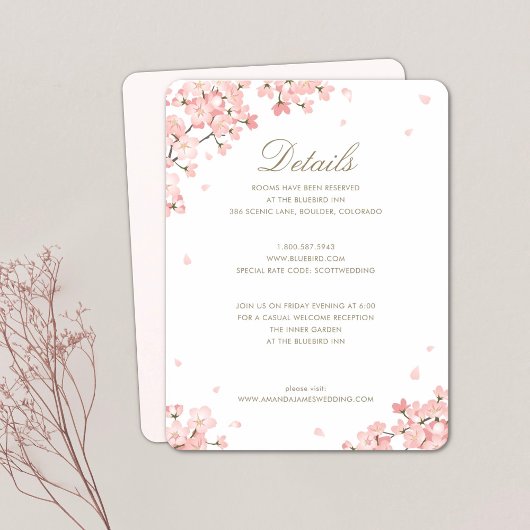 Mariage en fleurs de cerisier rose Détails Carte d