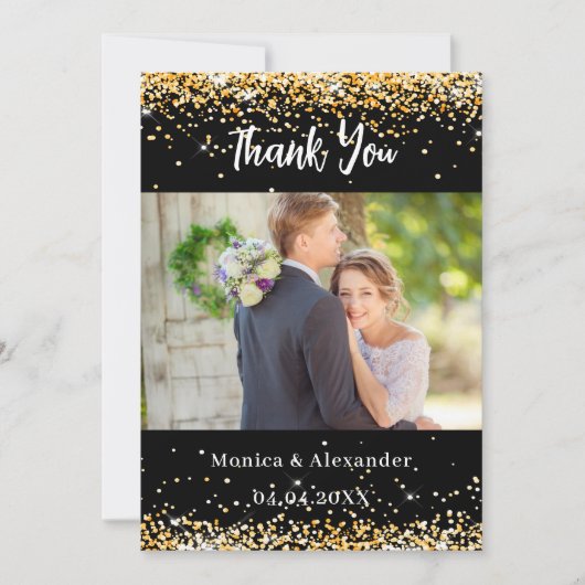 Mariage en or noir photo code QR carte de remercie (Devant)