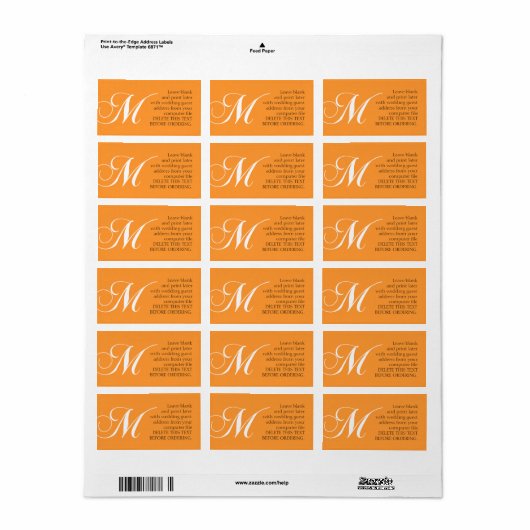 Mariage Étiquette de adresse Monogram M Orange (Feuille entière)