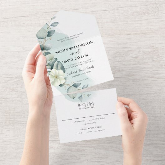 Mariage Eucalyptus Sage All in One Invitation (Déchirure)