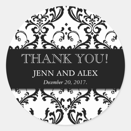 Mariage Favor Damask Merci Stickers Noir (Devant)