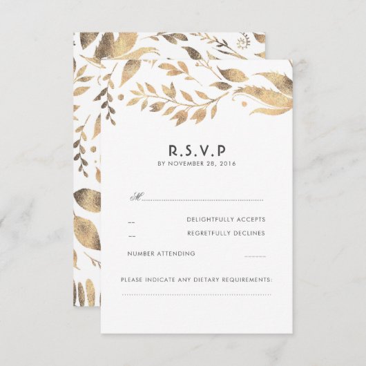 Mariage Feuille blanc et or RSVP (Devant / Derrière)