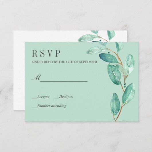 Mariage Feuille Eucalyptus Aqua frais RSVP (Devant / Derrière)