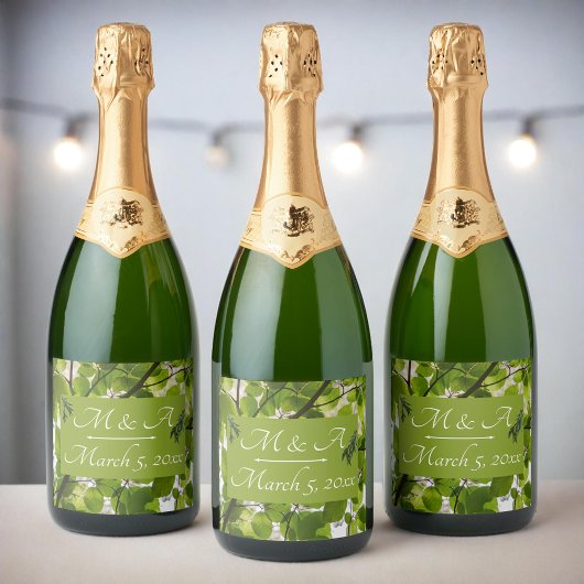 Mariage Feuille vert étincelant Étiquette bouteill