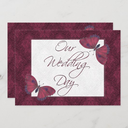 Mariage Flat Invitation Papillon Brocade rouge (Devant / Derrière)