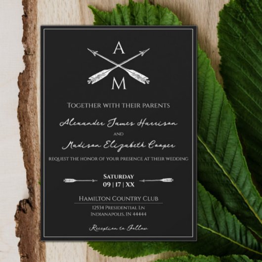Mariage Flèches et monogrammes | Invitation noire