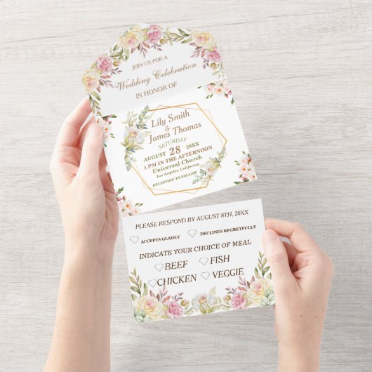 Mariage Fleur rose et blanc tout-en-un invitation (Déchirure)