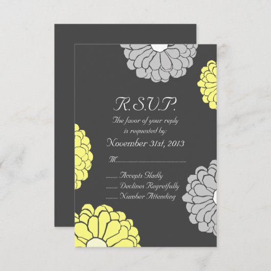 Mariage Fleur Zinnia gris et jaune RSVP (Devant / Derrière)